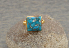 Blue Copper Turquoise Gemstone Silver Ring - Gold Plated Ring - 925 Sterling Silver Ring - Gift for Mom - Jewelry for Girls - Ring for Prom