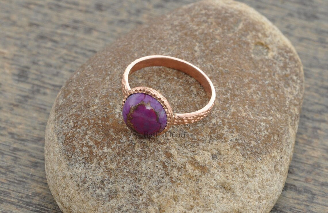 Purple Copper Turquoise Gemstone Ring - Textured 925 Sterling Silver Ring - Rose Gold Plated Ring - Gemstone Ring - Gift for Her - Boho Ring