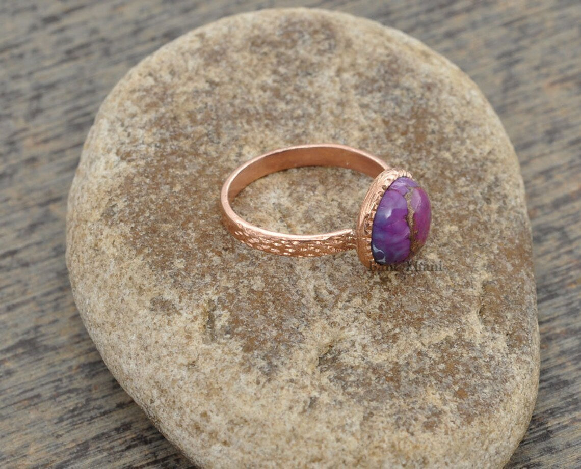 Purple Copper Turquoise Gemstone Ring - Textured 925 Sterling Silver Ring - Rose Gold Plated Ring - Gemstone Ring - Gift for Her - Boho Ring