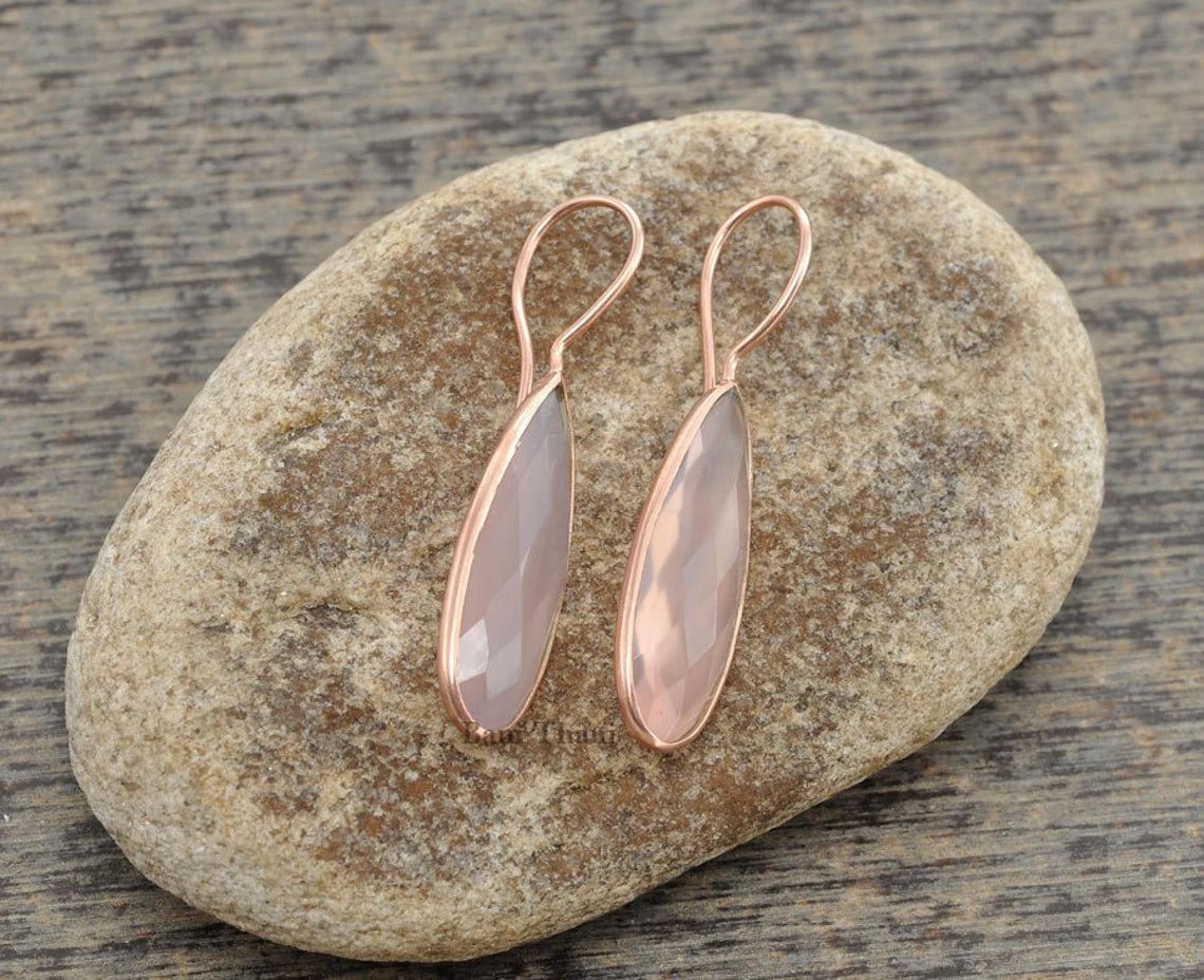 Gemstone Earrings, Silver Earrings, Pink Chalcedony Faceted Pear Shape Micron Rose Gold Plated Sterling Silver Dangle Earrings