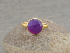 Amethyst Chalcedony Ring - Faceted Gemstone Ring - Christmas Gift Ring - Gold Plated Bezel Ring - 925 Sterling Silver Ring - Birthstone Ring