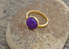 Amethyst Chalcedony Ring - Faceted Gemstone Ring - Christmas Gift Ring - Gold Plated Bezel Ring - 925 Sterling Silver Ring - Birthstone Ring