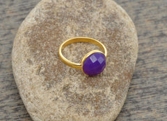 Amethyst Chalcedony Ring - Faceted Gemstone Ring - Christmas Gift Ring - Gold Plated Bezel Ring - 925 Sterling Silver Ring - Birthstone Ring