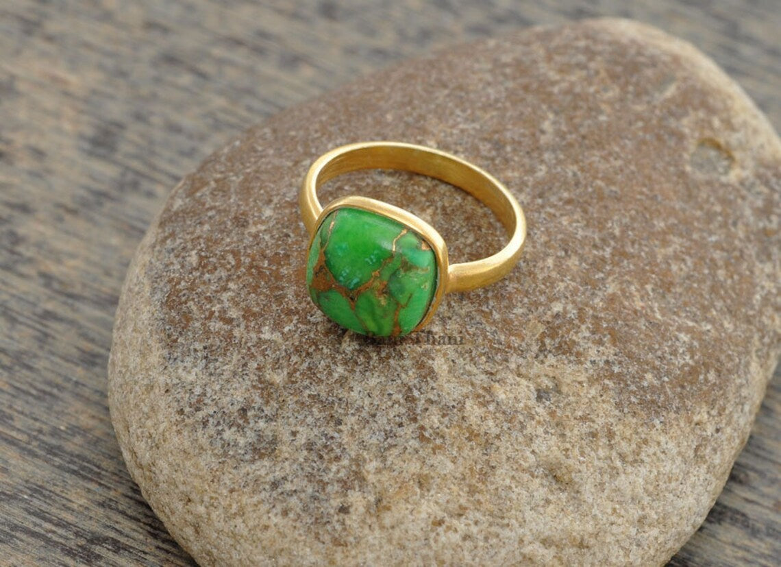 Green Copper Turquoise Ring - 10mm Cushion - 925 Pure Silver - Gold Plated Ring - Gemstone Jewelry - Jewelry for Womens - Gift for Brides