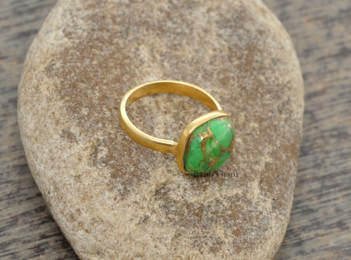 Green Copper Turquoise Ring - 10mm Cushion - 925 Pure Silver - Gold Plated Ring - Gemstone Jewelry - Jewelry for Womens - Gift for Brides