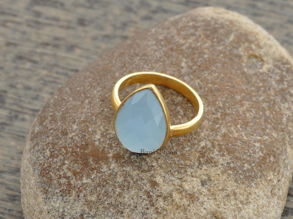 Natural Blue Chalcedony Ring - Gold Plated Promise Ring - 925 Sterling Silver Gemstone Ring - Jewelry for Wife - Vintage Ring - Gift for Her