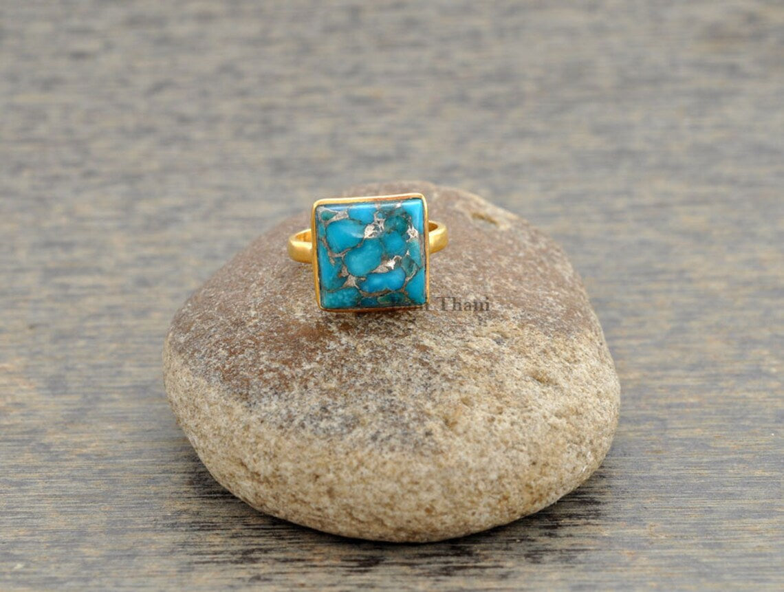 Blue Copper Turquoise Gemstone Silver Ring - Gold Plated Ring - 925 Sterling Silver Ring - Gift for Mom - Jewelry for Girls - Ring for Prom