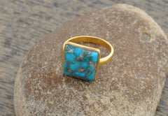 Blue Copper Turquoise Gemstone Silver Ring - Gold Plated Ring - 925 Sterling Silver Ring - Gift for Mom - Jewelry for Girls - Ring for Prom