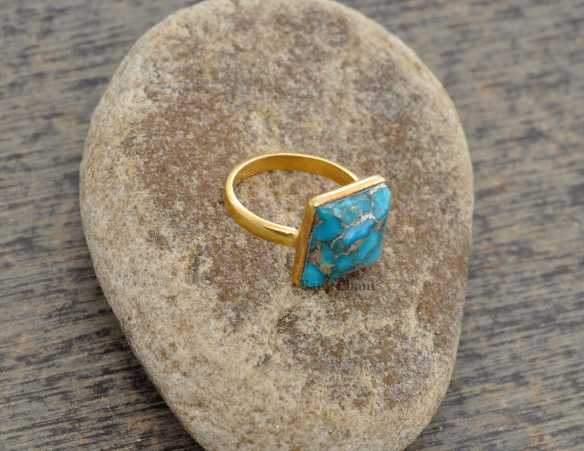 Blue Copper Turquoise Gemstone Silver Ring - Gold Plated Ring - 925 Sterling Silver Ring - Gift for Mom - Jewelry for Girls - Ring for Prom