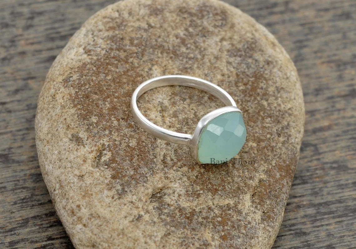 Aqua Chalcedony Ring, Chalcedony Cushion 10mm Faceted Gemstone Ring, 925 Sterling Silver Ring, Gift Ring, Engagement Gift Ring, Dainty Ring