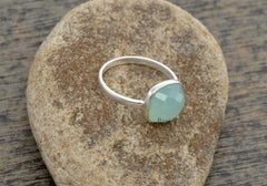 Aqua Chalcedony Ring, Chalcedony Cushion 10mm Faceted Gemstone Ring, 925 Sterling Silver Ring, Gift Ring, Engagement Gift Ring, Dainty Ring