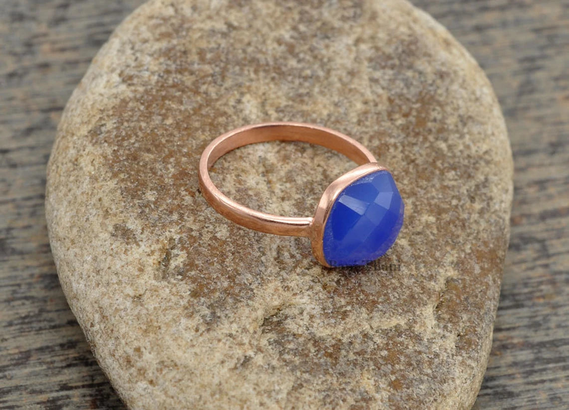 Blue Chalcedony Cushion Gemstone Ring - Rose Gold Plated Ring - 925 Sterling Silver Statement Ring - Christmas Gift Ring - Wedding Gift Ring