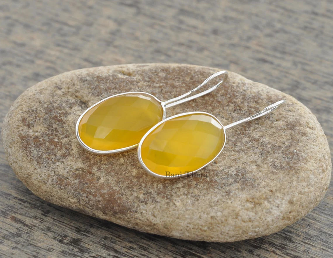 Beautiful Yellow Chalcedony 12x20mm Oval Gemstone Drop Earrings, 925 Sterling Silver Hook Earrings, Wedding Gift Earrings, Elegant Earrings