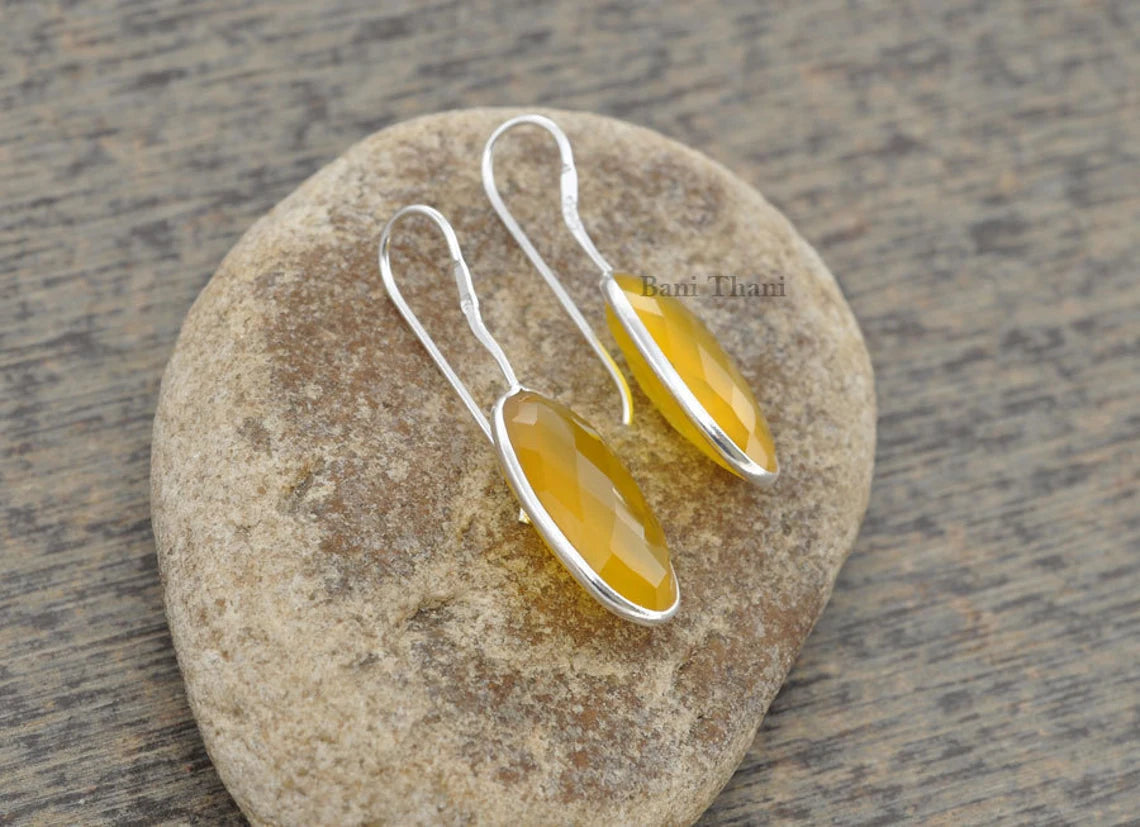 Beautiful Yellow Chalcedony 12x20mm Oval Gemstone Drop Earrings, 925 Sterling Silver Hook Earrings, Wedding Gift Earrings, Elegant Earrings