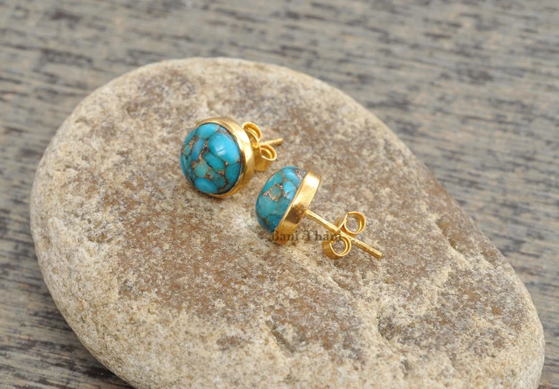 Copper Blue Turquoise Stud Earring - Handmade Studs - 925 Silver - 9mm Round -Wholesale Jewelry - Jewelry For Niece - Gift For Teens