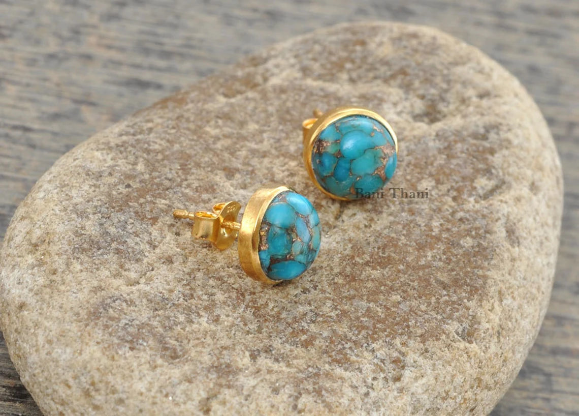 Copper Blue Turquoise Stud Earring - Handmade Studs - 925 Silver - 9mm Round -Wholesale Jewelry - Jewelry For Niece - Gift For Teens