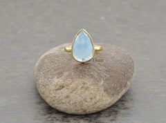 Blue Chalcedony Ring - Gold Plated Ring - 925 Sterling Silver - 10x14mm Pear - High Quality Jewelry - Gift For Her - Jewelry For Healing