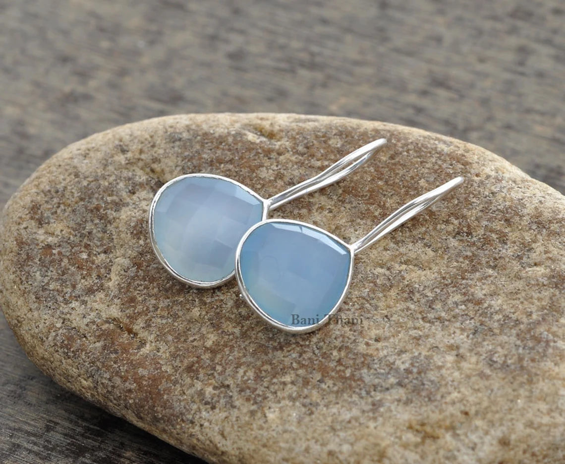 Beautiful Blue Chalcedony Faceted 12mm Heart Shape Gemstone Drop Earrings, 925 Sterling Silver Earrings, Hook Earrings, Wedding Gift Earring