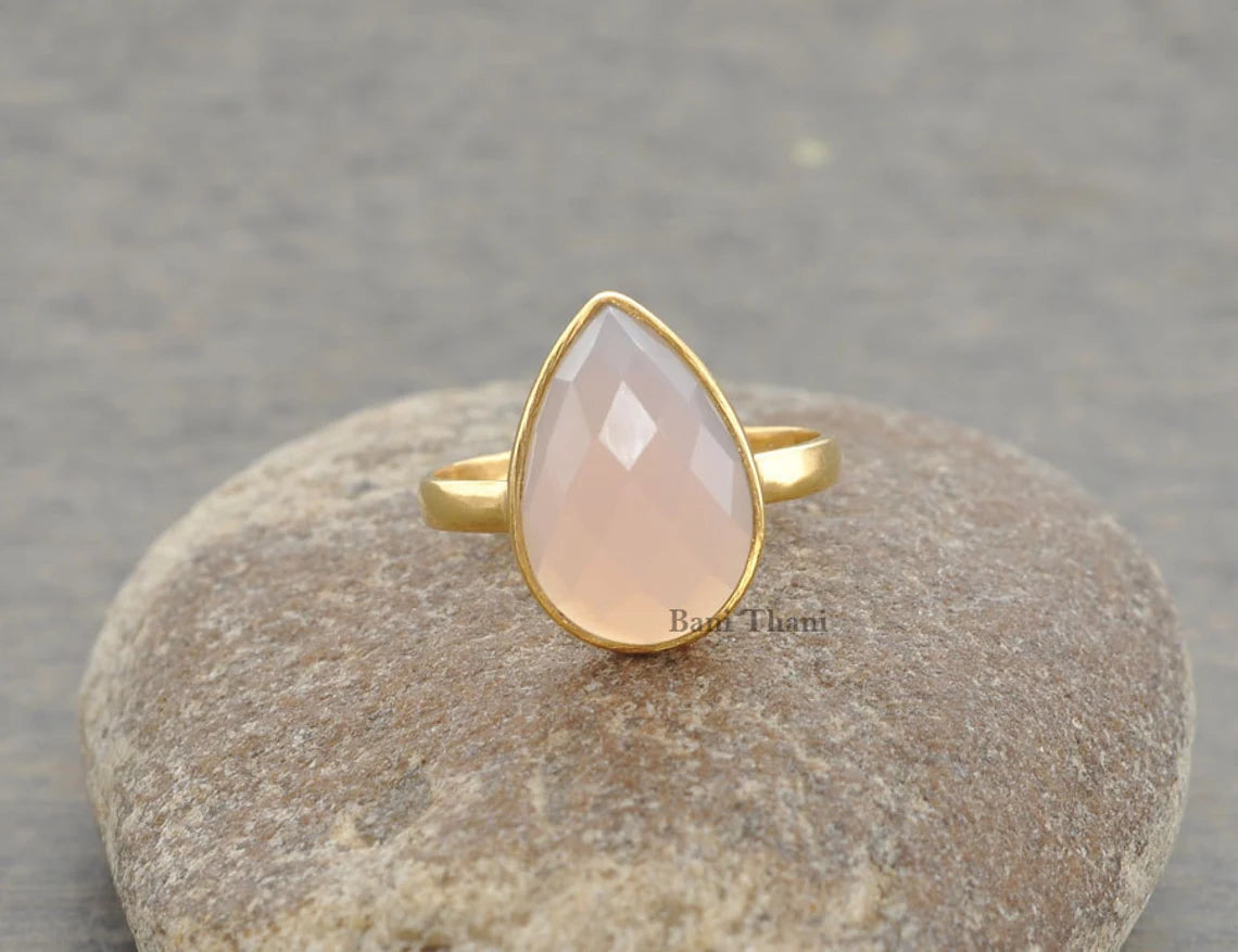 Pink Chalcedony Ring - 10x14mm Pear - 925 Sterling Silver - Gold Plated Ring - Jewelry Manufacturer - Gift for Womens - Jewelry for Ladies