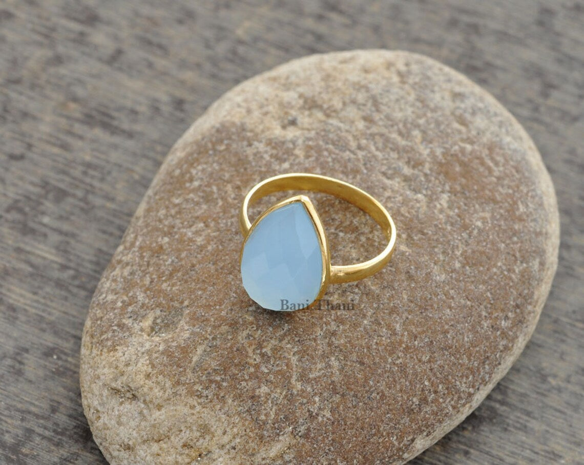 Blue Chalcedony Ring - Gold Plated Ring - 925 Sterling Silver - 10x14mm Pear - High Quality Jewelry - Gift For Her - Jewelry For Healing