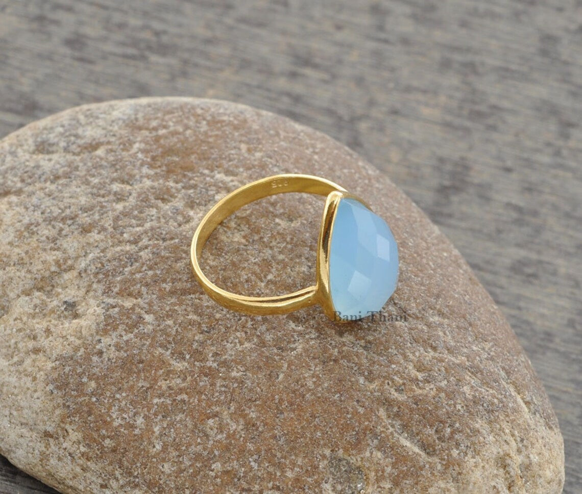 Blue Chalcedony Ring - Gold Plated Ring - 925 Sterling Silver - 10x14mm Pear - High Quality Jewelry - Gift For Her - Jewelry For Healing