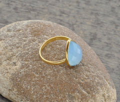 Blue Chalcedony Ring - Gold Plated Ring - 925 Sterling Silver - 10x14mm Pear - High Quality Jewelry - Gift For Her - Jewelry For Healing