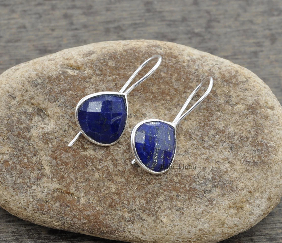 Silver Earrings, Gemstone Earrings, Blue Lapis Faceted Heart Shape Earrings, 925 Sterling Silver Earrings, 12mm