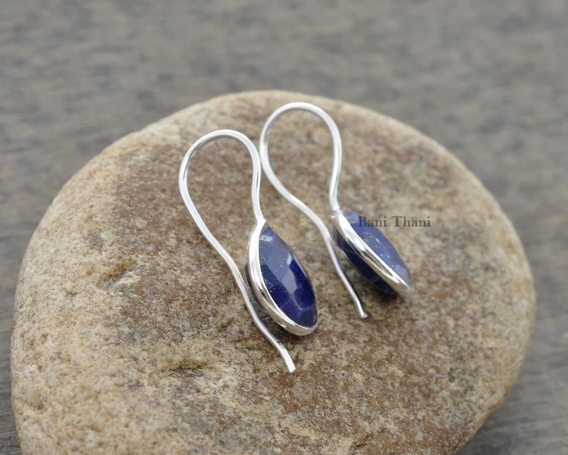 Silver Earrings, Gemstone Earrings, Blue Lapis Faceted Heart Shape Earrings, 925 Sterling Silver Earrings, 12mm