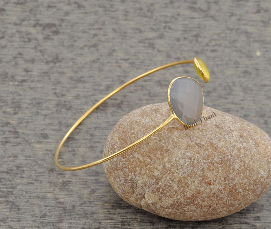 Gemstone Bracelet, Grey and Yellow Chalcedony Gemstone Bangle Bracelets- Gold Plated Sterling Silver Bangle For Women