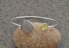 Gemstone Bracelet, Silver Bangle, Grey Chalcedony 18mm , Yellow Chalcedony 10mm 925 Sterling Silver Bangle