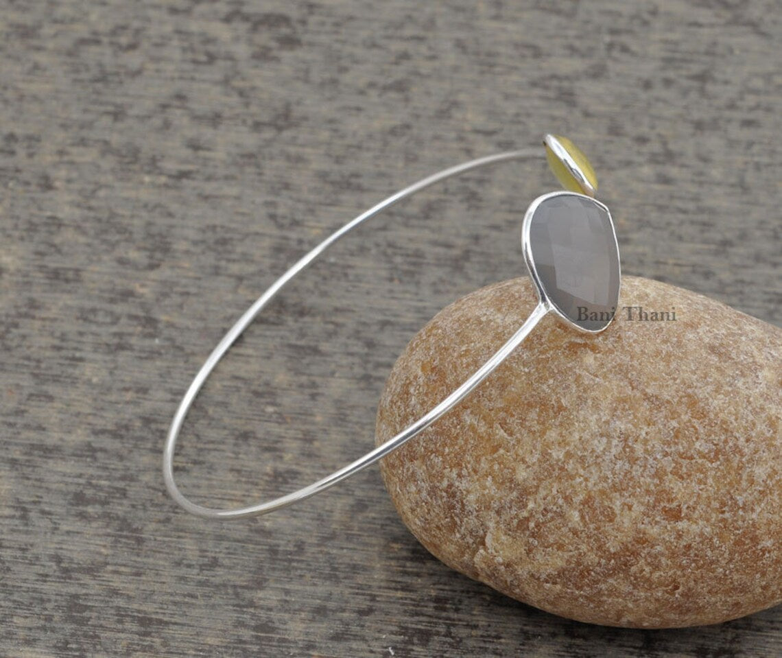 Gemstone Bracelet, Silver Bangle, Grey Chalcedony 18mm , Yellow Chalcedony 10mm 925 Sterling Silver Bangle