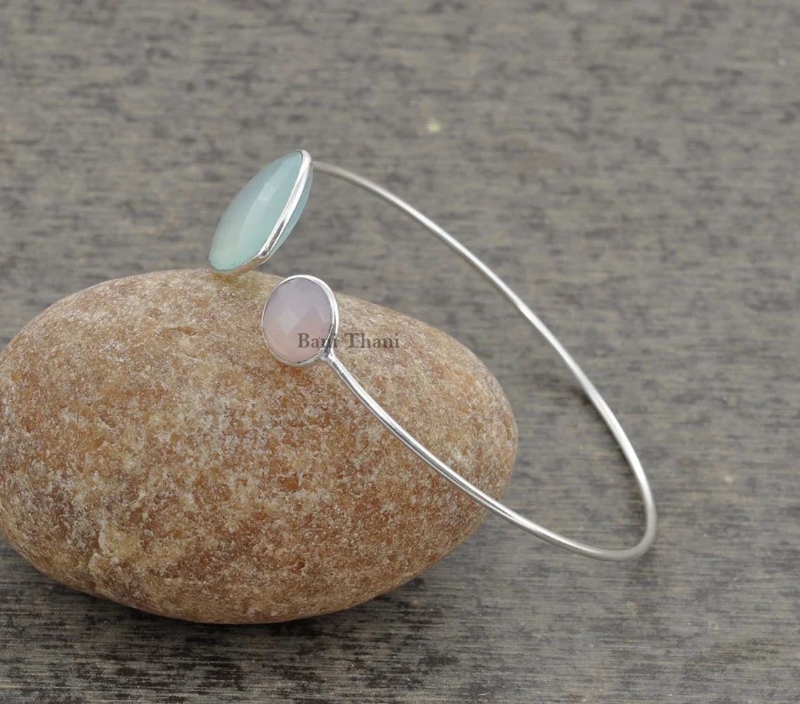 Aqua and Pink Chalcedony Bracelet, Bracelet, Gemstone Bracelet, Silver Bracelet, Sterling Silver Bangle, Silver Jewelry