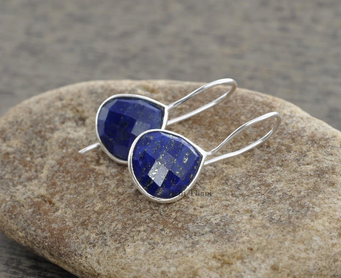 Silver Earrings, Gemstone Earrings, Blue Lapis Faceted Heart Shape Earrings, 925 Sterling Silver Earrings, 12mm