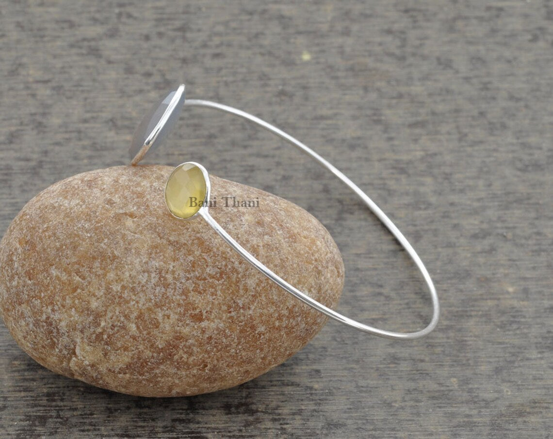 Gemstone Bracelet, Silver Bangle, Grey Chalcedony 18mm , Yellow Chalcedony 10mm 925 Sterling Silver Bangle