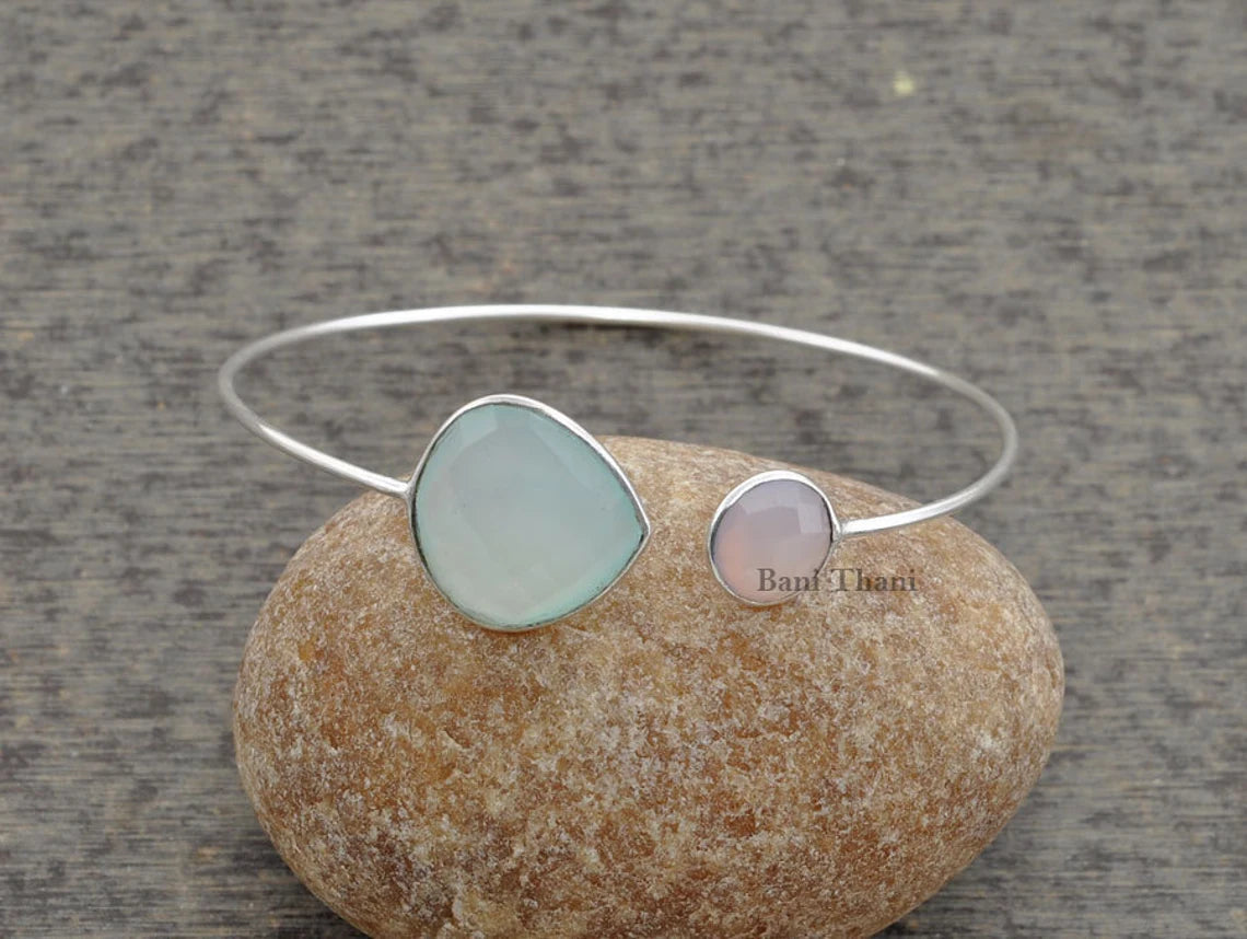 Aqua and Pink Chalcedony Bracelet, Bracelet, Gemstone Bracelet, Silver Bracelet, Sterling Silver Bangle, Silver Jewelry