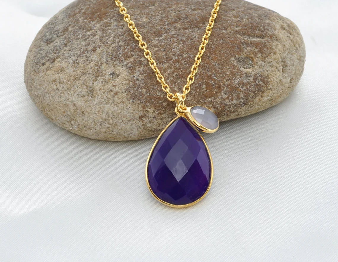 Amethyst Chalcedony Gemstone Necklace - 18k Gold Plated Sterling Silver Necklace - Christmas Gift Jewelry - Delicate Necklace - Gift for Her