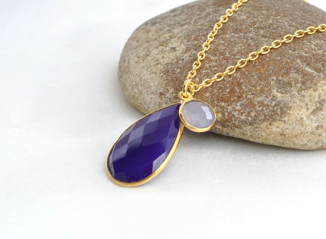 Amethyst Chalcedony Gemstone Necklace - 18k Gold Plated Sterling Silver Necklace - Christmas Gift Jewelry - Delicate Necklace - Gift for Her