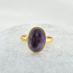 Amethyst Lace Agate Ring, Amethyst Oval Gemstone Ring, Gold Plated 925 Sterling Silver Bezel Ring, Statement Ring, Wedding Gift Ring for Her