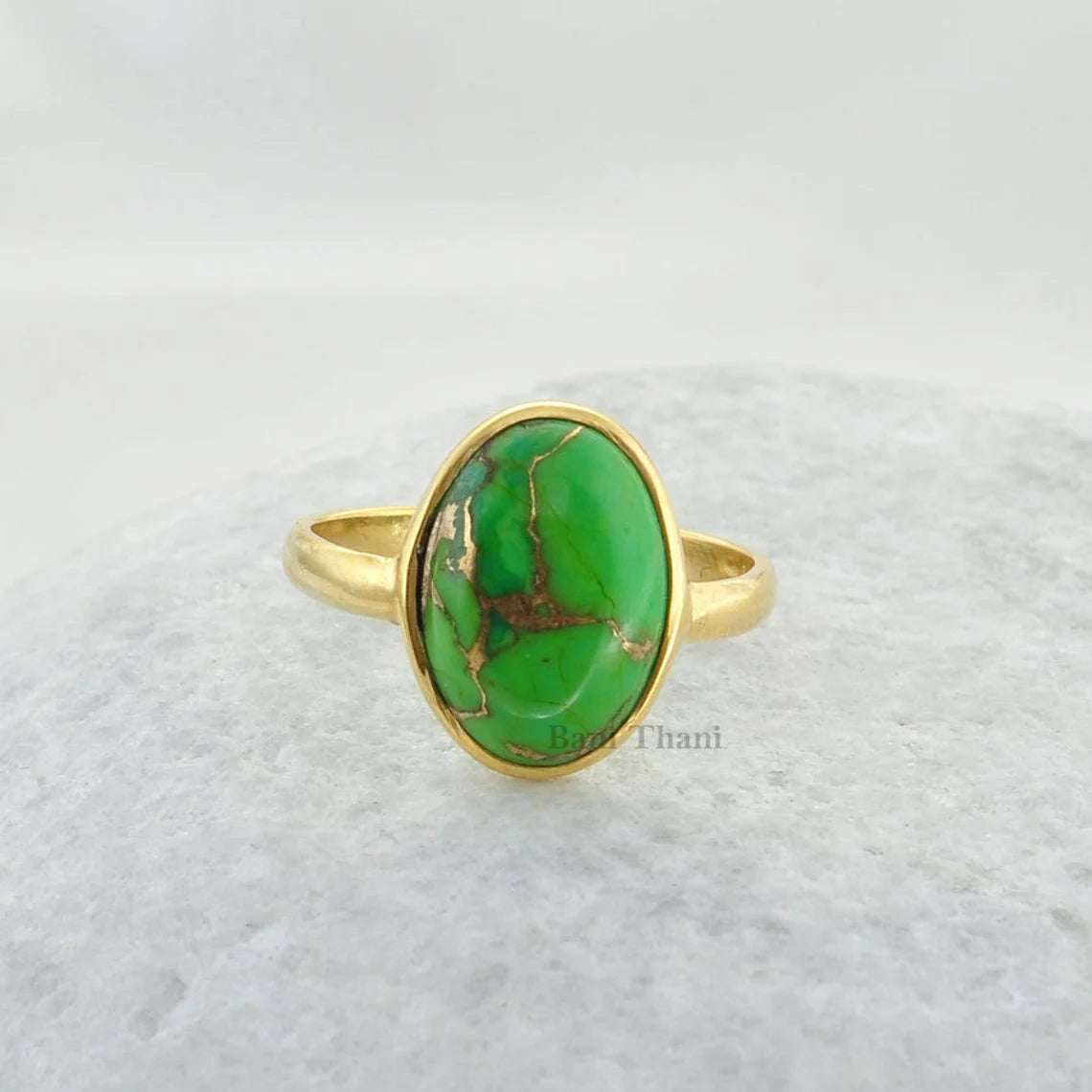 Green Copper Turquoise Ring - 10x14mm Oval Ring - Gold Plated - 925 Sterling Silver - Handmade Ring - Jewelry for Wedding - Gift for Friend