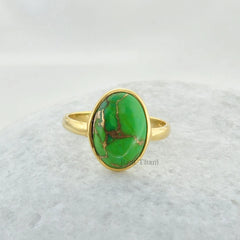 Green Copper Turquoise Ring - 10x14mm Oval Ring - Gold Plated - 925 Sterling Silver - Handmade Ring - Jewelry for Wedding - Gift for Friend