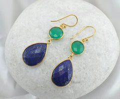 Lapis and Green Onyx Gemstone Dangle Earrings, Micron Gold Plated 925 Sterling Silver Earrings