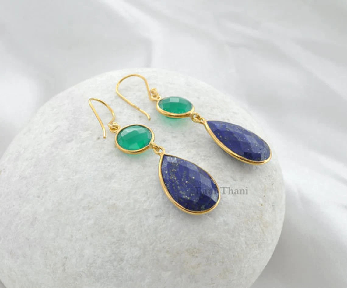 Lapis and Green Onyx Gemstone Dangle Earrings, Micron Gold Plated 925 Sterling Silver Earrings