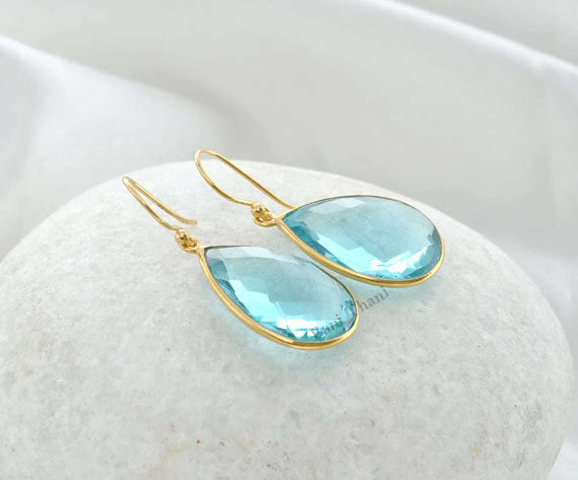 Aqua Quartz Faceted Pear Gemstone Earrings Gold Plated 925 Sterling Silver Earrings, 16x22mm