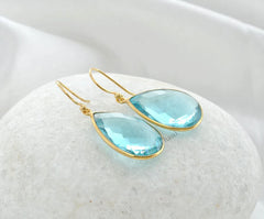 Aqua Quartz Faceted Pear Gemstone Earrings Gold Plated 925 Sterling Silver Earrings, 16x22mm