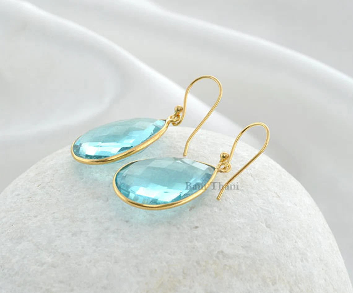 Aqua Quartz Faceted Pear Gemstone Earrings Gold Plated 925 Sterling Silver Earrings, 16x22mm