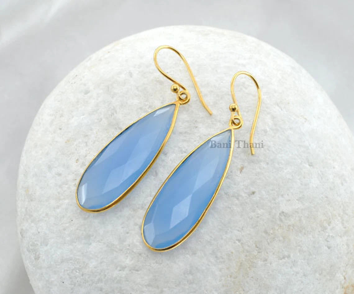 Blue Chalcedony 10x30mm Long Pear Gemstone Drop Earrings, Micron Gold Plated 925 Sterling Silver Dangle Earrings, Christmas Gift Earrings