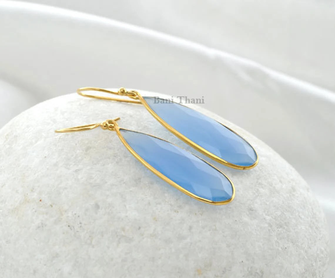 Blue Chalcedony 10x30mm Long Pear Gemstone Drop Earrings, Micron Gold Plated 925 Sterling Silver Dangle Earrings, Christmas Gift Earrings