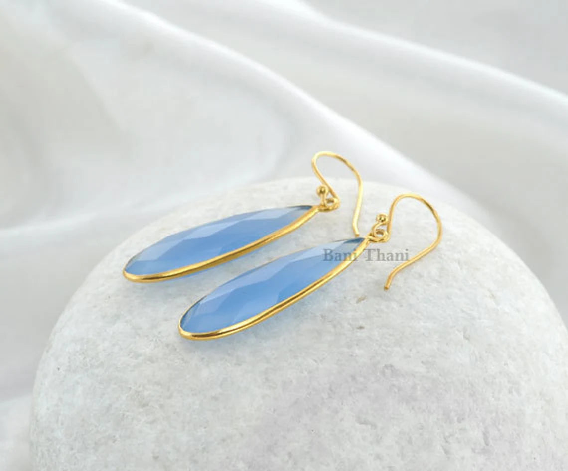 Blue Chalcedony 10x30mm Long Pear Gemstone Drop Earrings, Micron Gold Plated 925 Sterling Silver Dangle Earrings, Christmas Gift Earrings