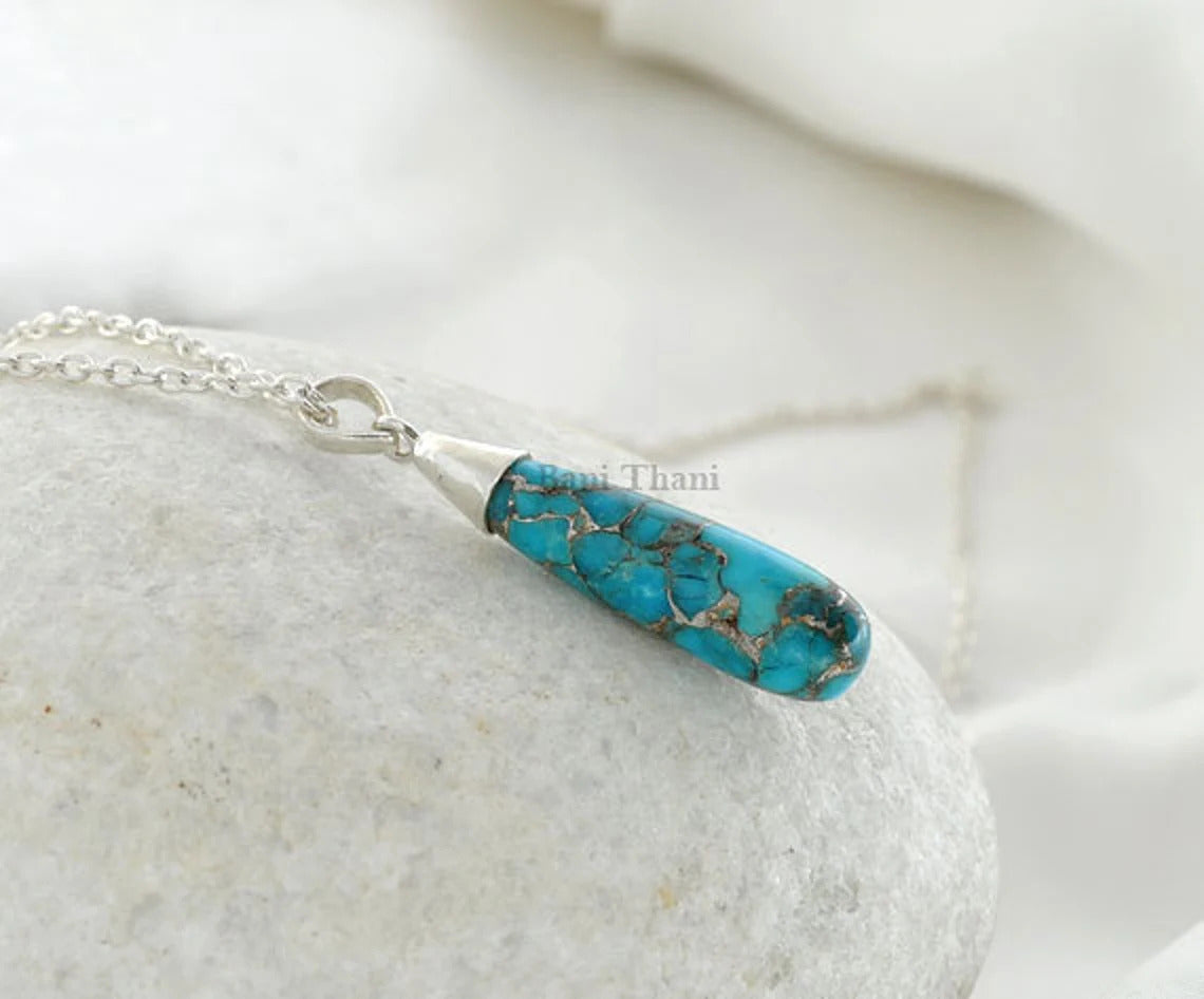 Copper Blue Turquoise Necklace - Handmade Pendant Necklace - 925 Sterling Silver - Wholesale Jewelry - Jewelry For Niece