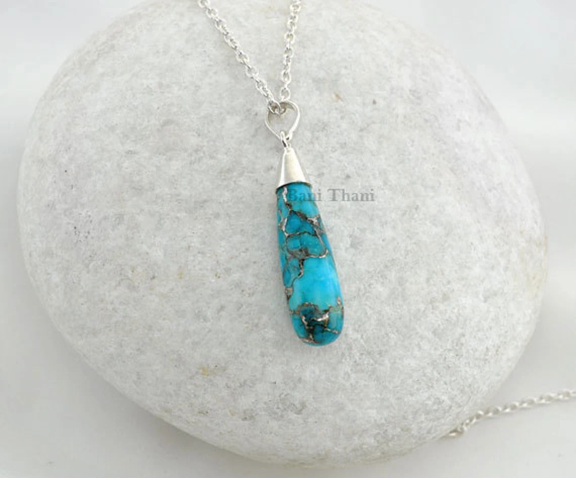 Copper Blue Turquoise Necklace - Handmade Pendant Necklace - 925 Sterling Silver - Wholesale Jewelry - Jewelry For Niece